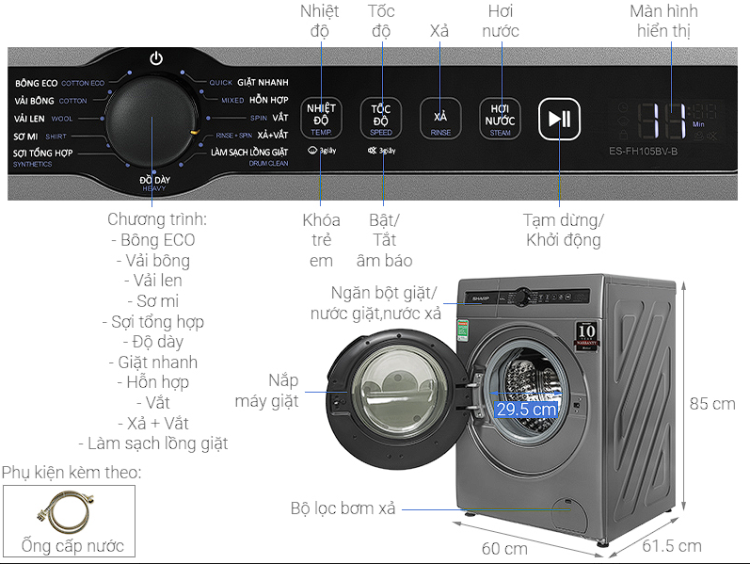 Máy Giặt Sharp ES-FH105BV-B Inverter | 10,5Kg 2 Máy Giặt Sharp ES-FH105BV-B