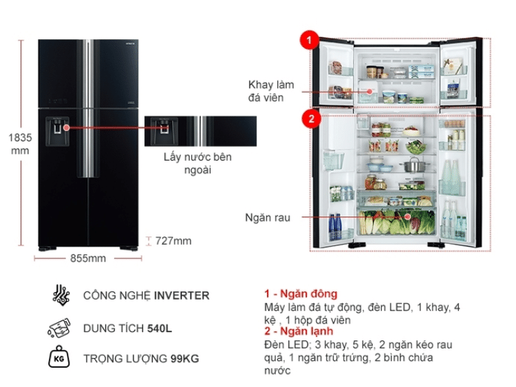 Tủ lạnh Hitachi R-FW690PGV7 GBK Inverter 540 lít 2 Tủ lạnh Hitachi R-FW690PGV7 GBK