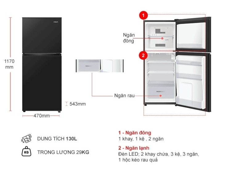 Tủ lạnh Aqua AQR-T160FA(BS) 130 lít 2 Tủ lạnh Aqua AQR-T160FA(BS)
